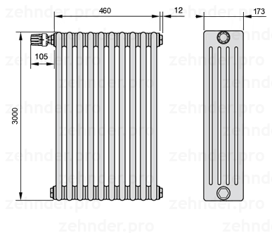 Схема (чертеж) Радиатор Zehnder Charleston 5300/10 №V012 Белый глянцевый RAL 9016